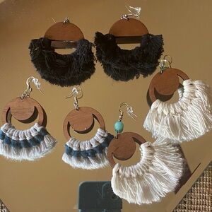 Handmade Wooden Fringe Hoop Earrings – Black, Cream, and Blue Options
